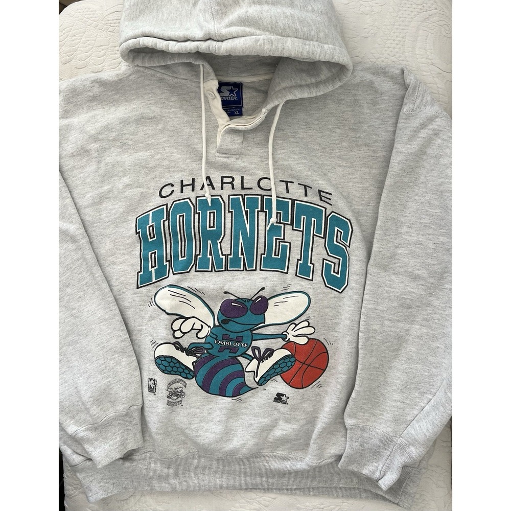 Vintage Charlotte Hornets Hoodie Men XL Starter NBA Basketball Gray Pullover 90s